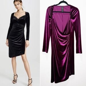 NWOT Norma Kamali Long Sleeve Sweetheart Side Drape Dress Velvet Jewel Tone